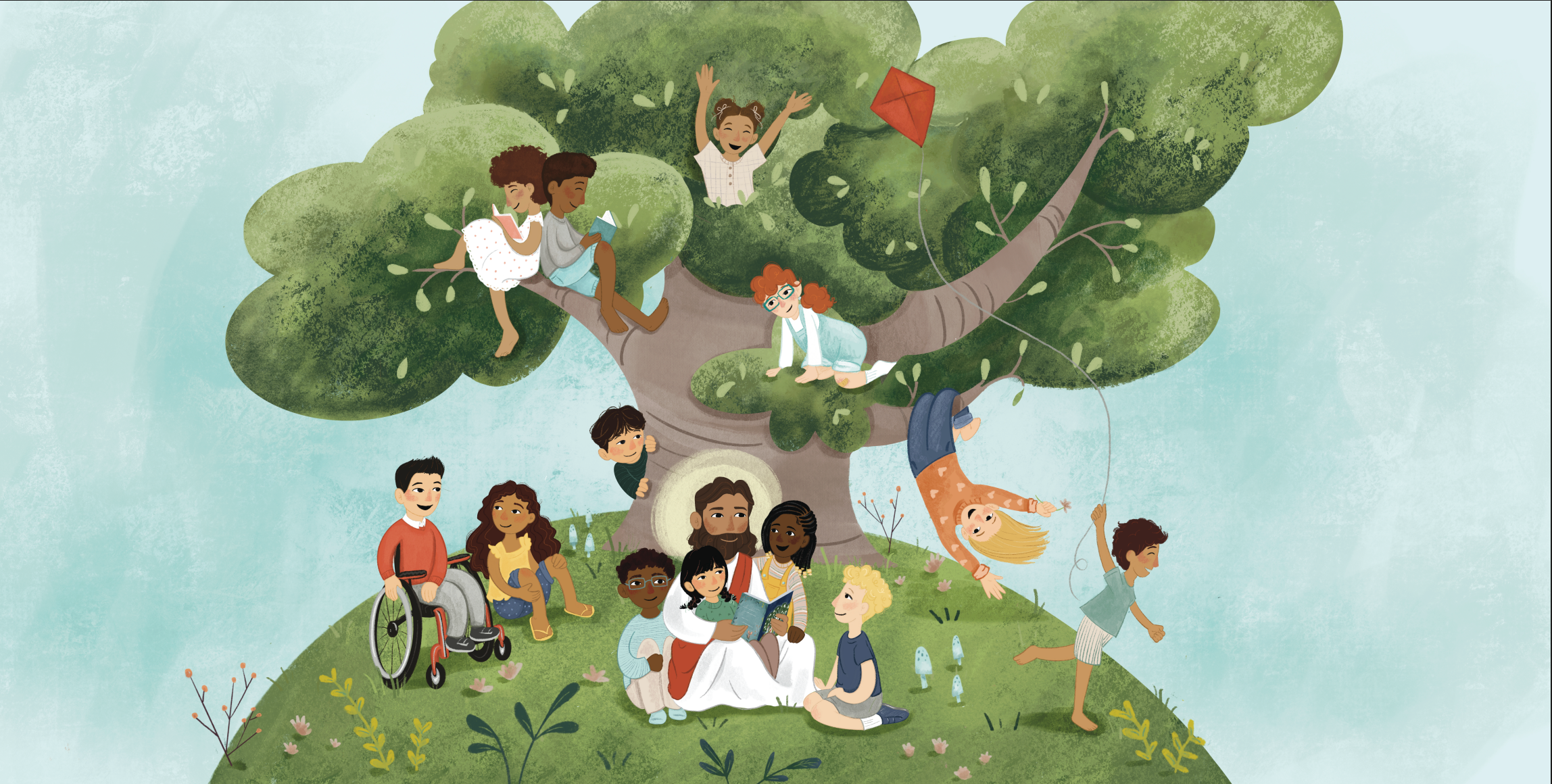 Illustration of children of various backgrounds playing around a large tree and sitting on Jesus's lap