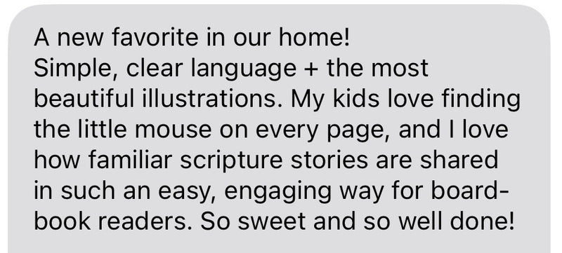 Text review of a board book with positive feedback on language, illustrations, and readability.