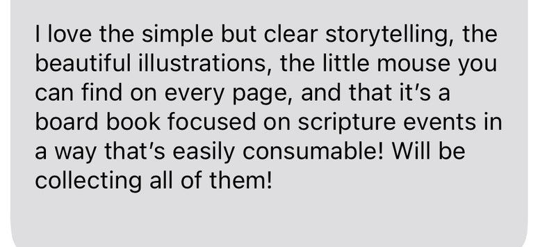 Text on a gray background praising a board book's storytelling and illustrations.